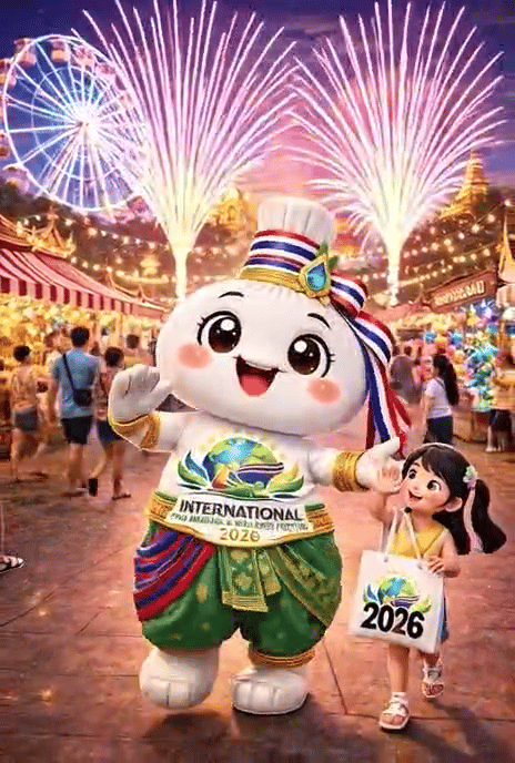 INTWF 2026 festival mascot, a rabbit in Thai dress at the Nuad Thai festival